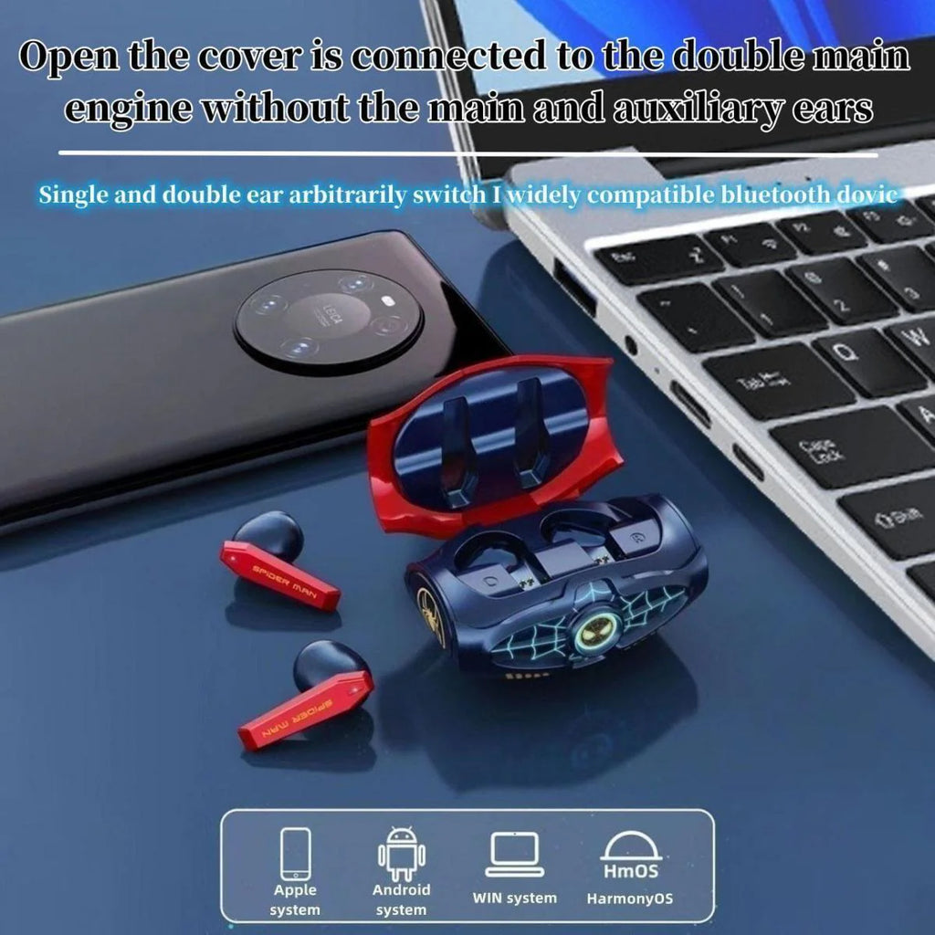 Marvel Spider-Man Iron Man Wireless Earbuds, Marvel TWS Bluetooth Headphones with LED Charging Case