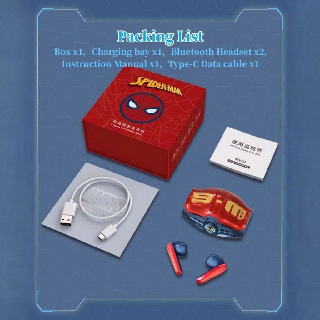 Marvel Spider-Man Iron Man Wireless Earbuds, Marvel TWS Bluetooth Headphones with LED Charging Case