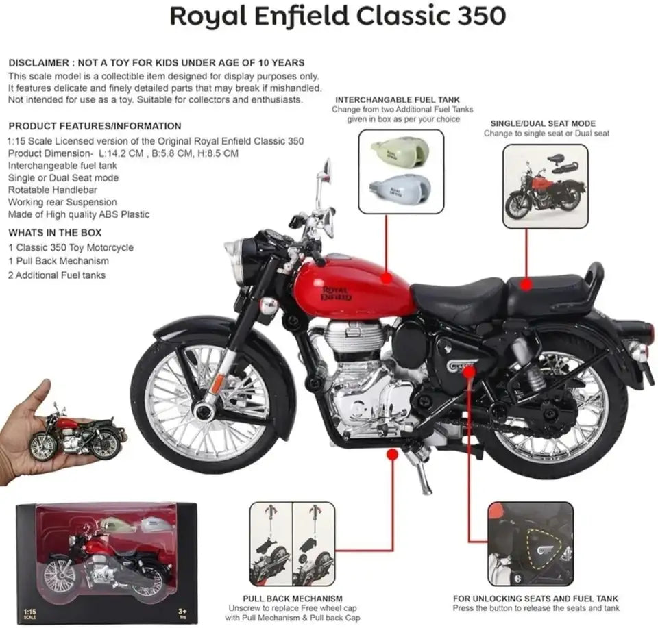 zegadi toys Classic 350 Bullet Motorcycle Scale Model 1:15 – Interchangeable Fuel Tanks, Convertible Seats, Collectible for Enthusiasts- Plastic ABS Model